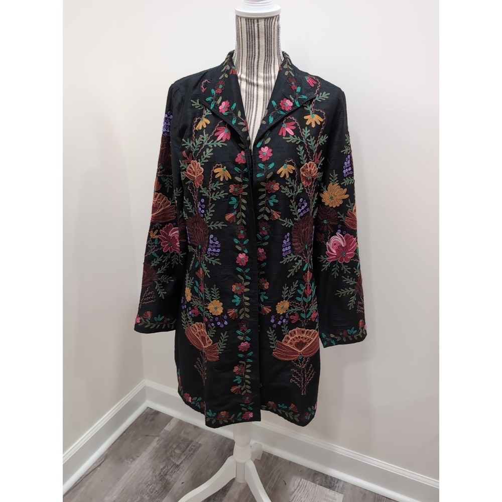 TravelSmith Floral Embroidered Silk Duster Jacket Kimono Boho Size M Cottagecore